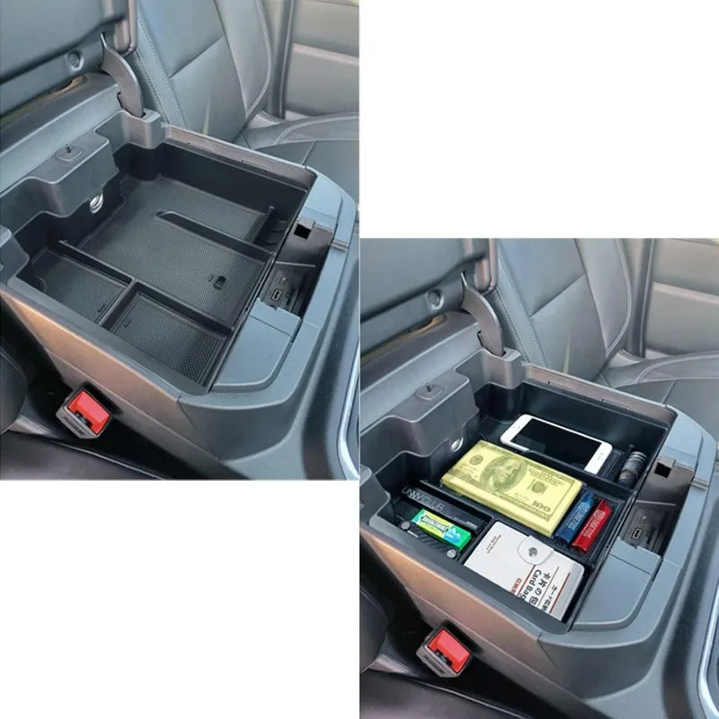 Full size Chevy Silverado and GMC Sierra 1500 center console organizer tray by Gm Service Guy, shown installed inside vehicle console