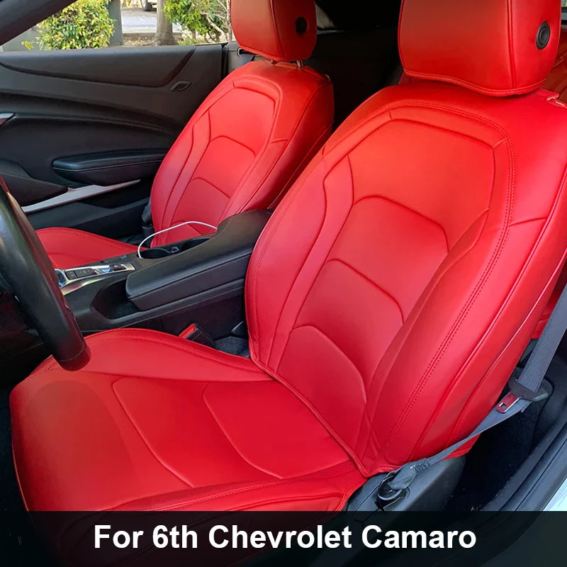 Full set of black artificial leather car seat covers for Chevrolet Camaro 2016-2024, tailored for a custom fit.