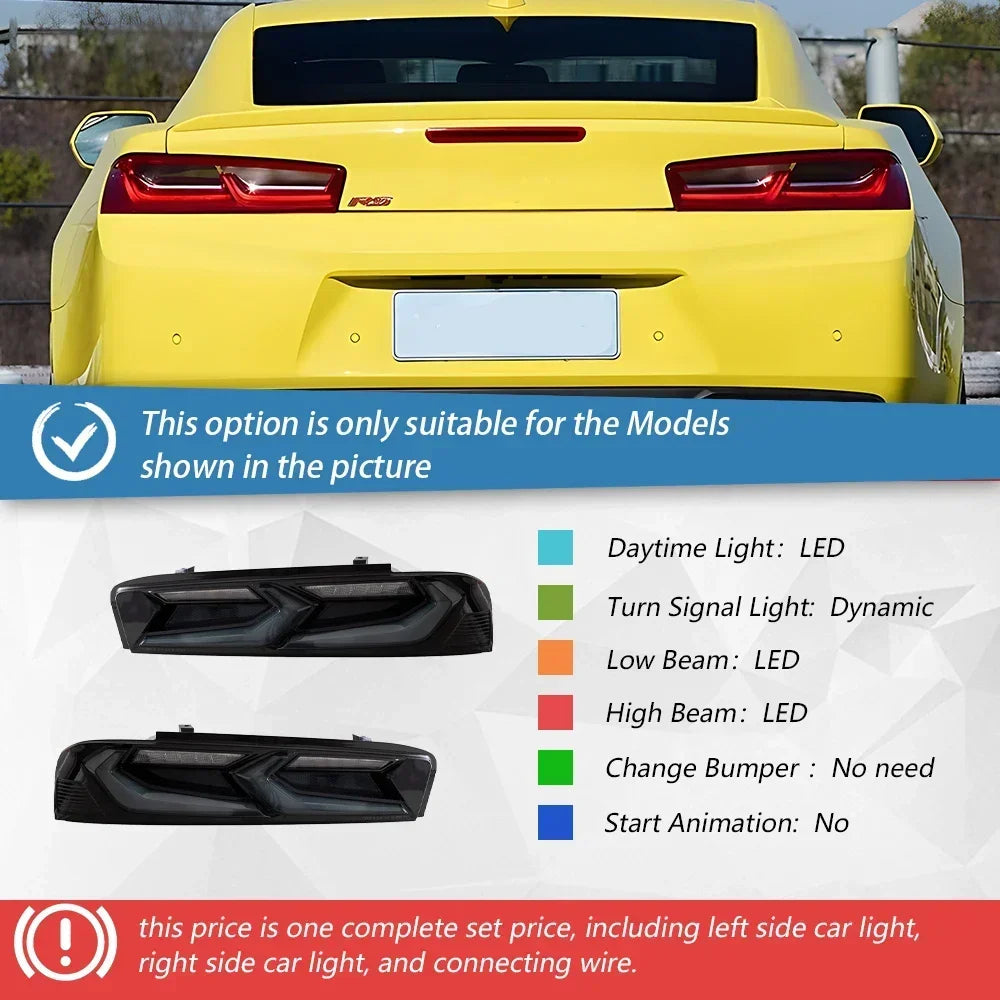 Chevrolet Camaro 2014-2020 LED rear taillights assembly with bright turn signals and brake lights, installed on the car's rear.