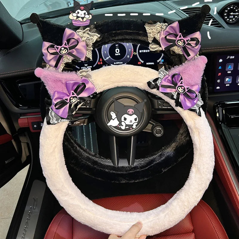 Kuromi Plush Steering Wheel Cover Soft Warm Anti-Slip 38cm (15 in) Car Accessory for Girls FanzyMarket