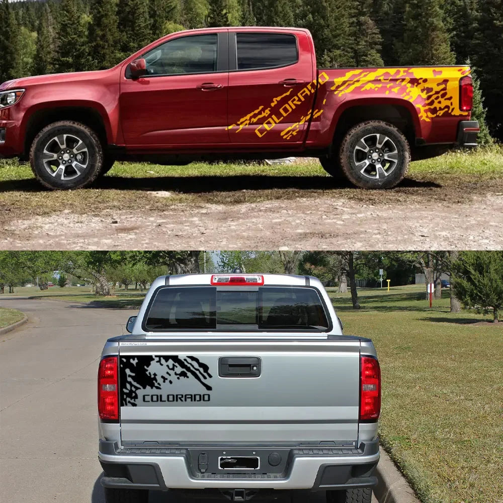 Three-piece matte vinyl Chevrolet Colorado Z71 splash grunge body side decals by Quality Prints USA on a vehicle.