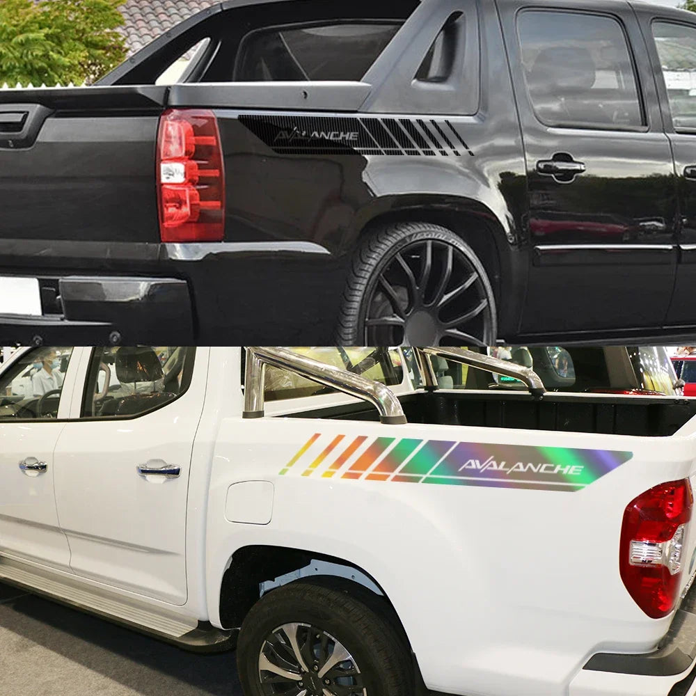 Pair of Chevrolet Avalanche rear trunk side decals, vinyl truck graphics in black with white accents, by Quality Prints USA.