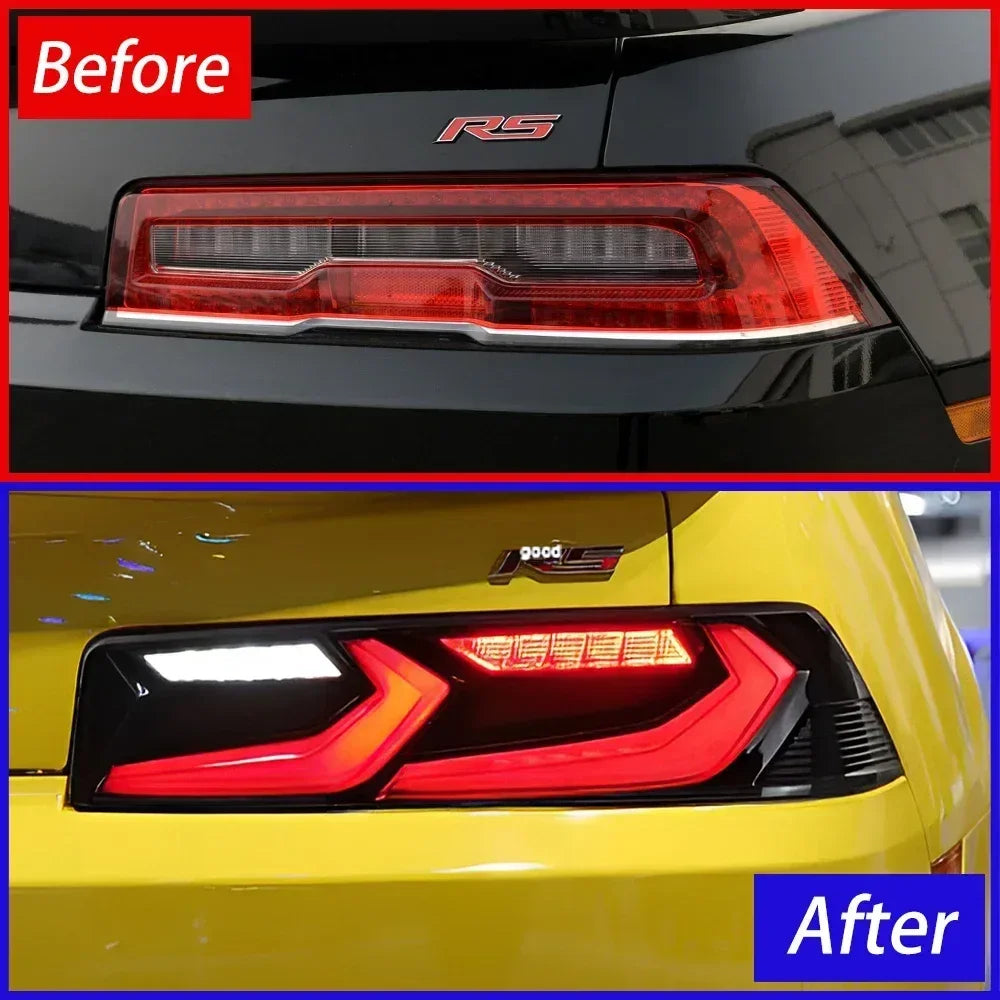 Chevrolet Camaro 2014-2020 LED rear back lamps assembly with turn signal and taillights, installed on car for upgrade.