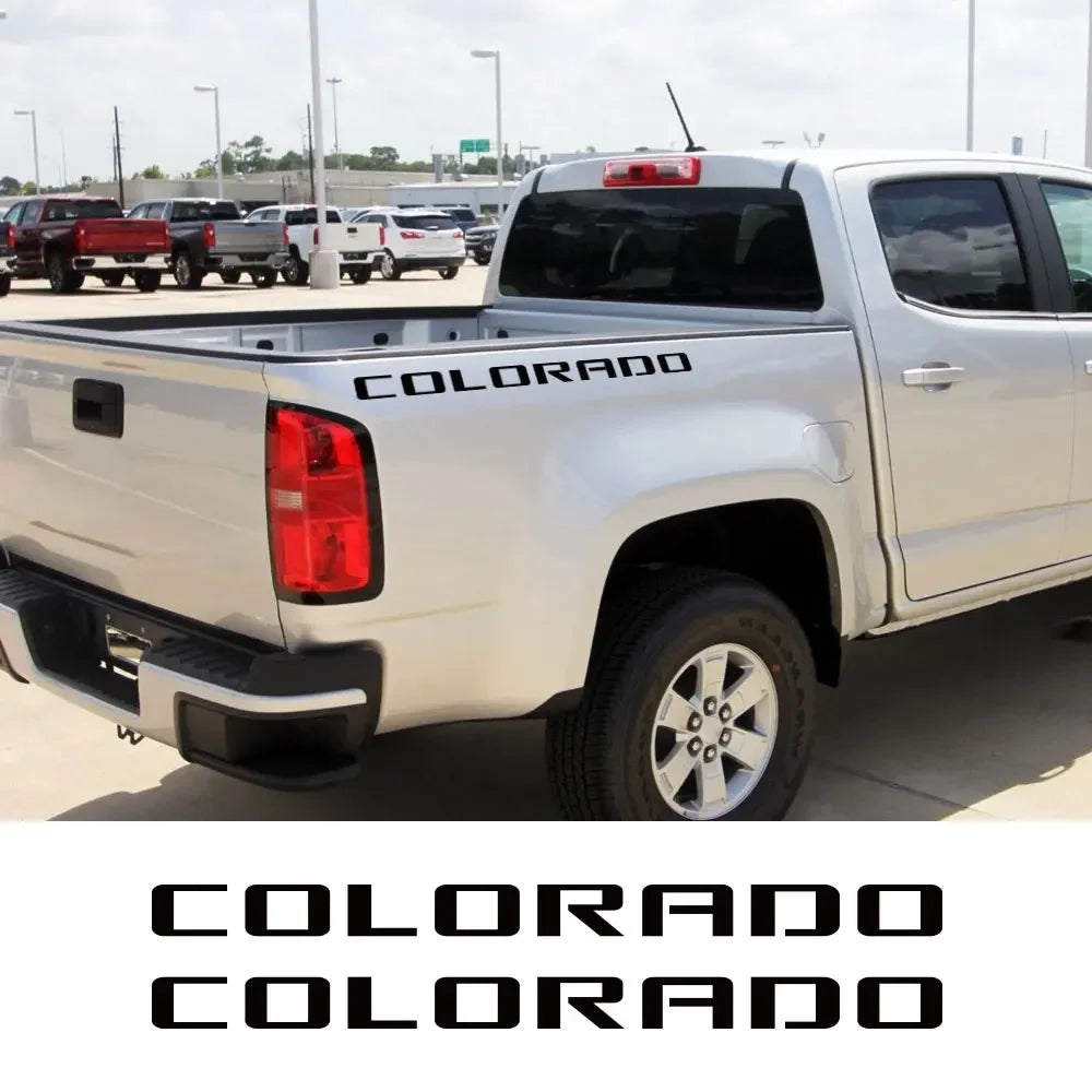 Rear trunk side decal for Chevrolet Colorado pickup truck, 2-piece vinyl graphic by Quality Prints USA, shown on vehicle side.
