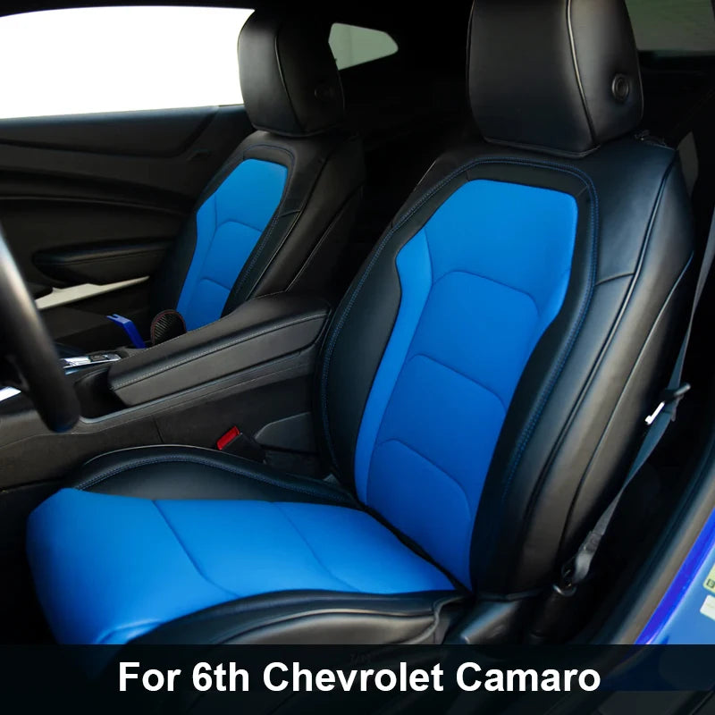 Set of Chevrolet Camaro seat covers made from premium artificial leather, designed for 2016-2024 6th Gen models by Gm Service Guy