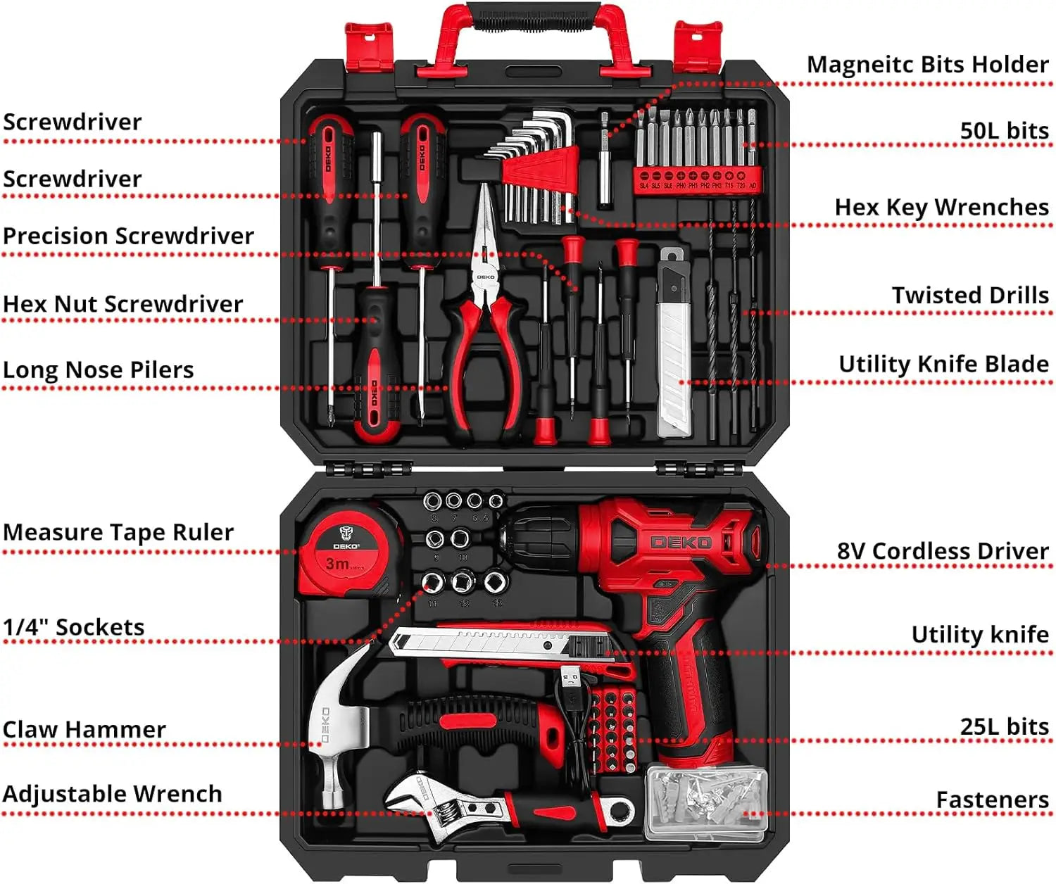 126-Piece 8V Cordless Drill Tool Kit – Lightweight Red Home DIY Set with Drill Bits & Hand Tools FanzyMarket