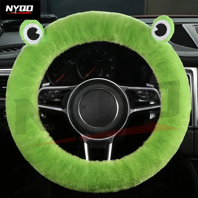 Plush Wool Steering Wheel Cover, Cartoon Frog Short Fur Car Wheel Protector, Fits 35–42 cm (13.8–16.5 in) FanzyMarket