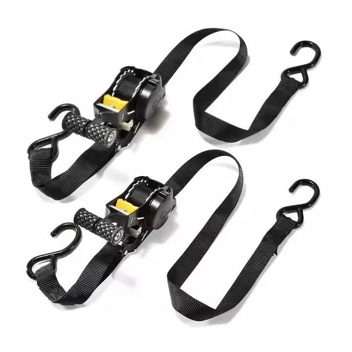 Heavy duty Gm Service Guy auto retractable ratchet strap with S hook for cargo lashing, ideal for trucks, motorcycles, and luggage.
