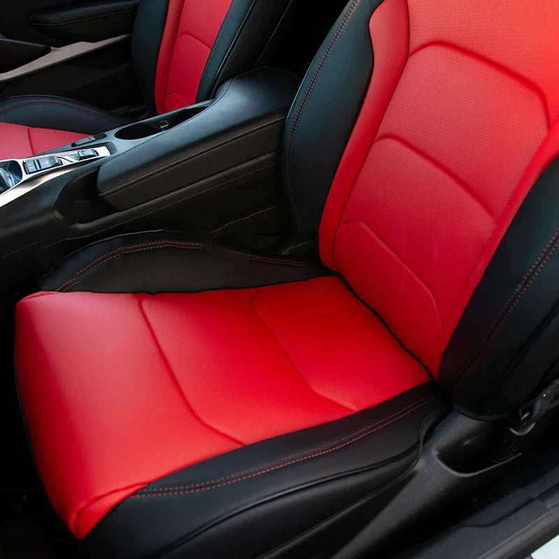 Full set of custom-fit Chevrolet Camaro car seat covers in premium artificial leather, designed for 2016-2024 models by Gm Service Guy