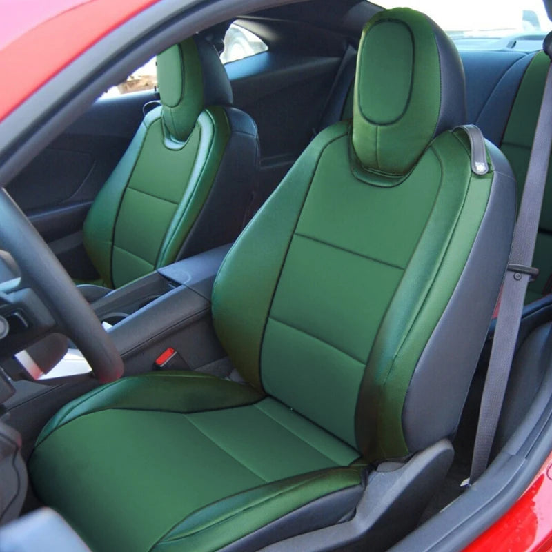 Custom fit Chevrolet Camaro seat covers in premium artificial leather, designed for 2016-2024 6th generation Camaro interior.