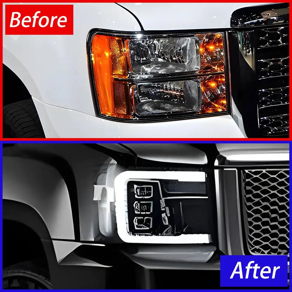 GMC Sierra 2007-2013 LED headlight assembly with dynamic triple lens, high-quality upgrade by Gm Service Guy, front view.