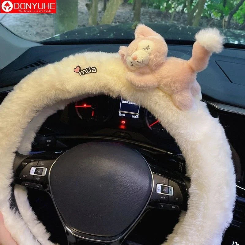 Cute Cartoon Fur Steering Wheel Cover Winter Warm Car Handle Cover for Women FanzyMarket