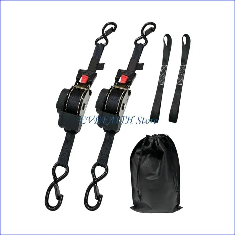 Gm Service Guy 124B retractable motorcycle ratchet straps for off-road riding, shown securing gear with durable lashing straps.