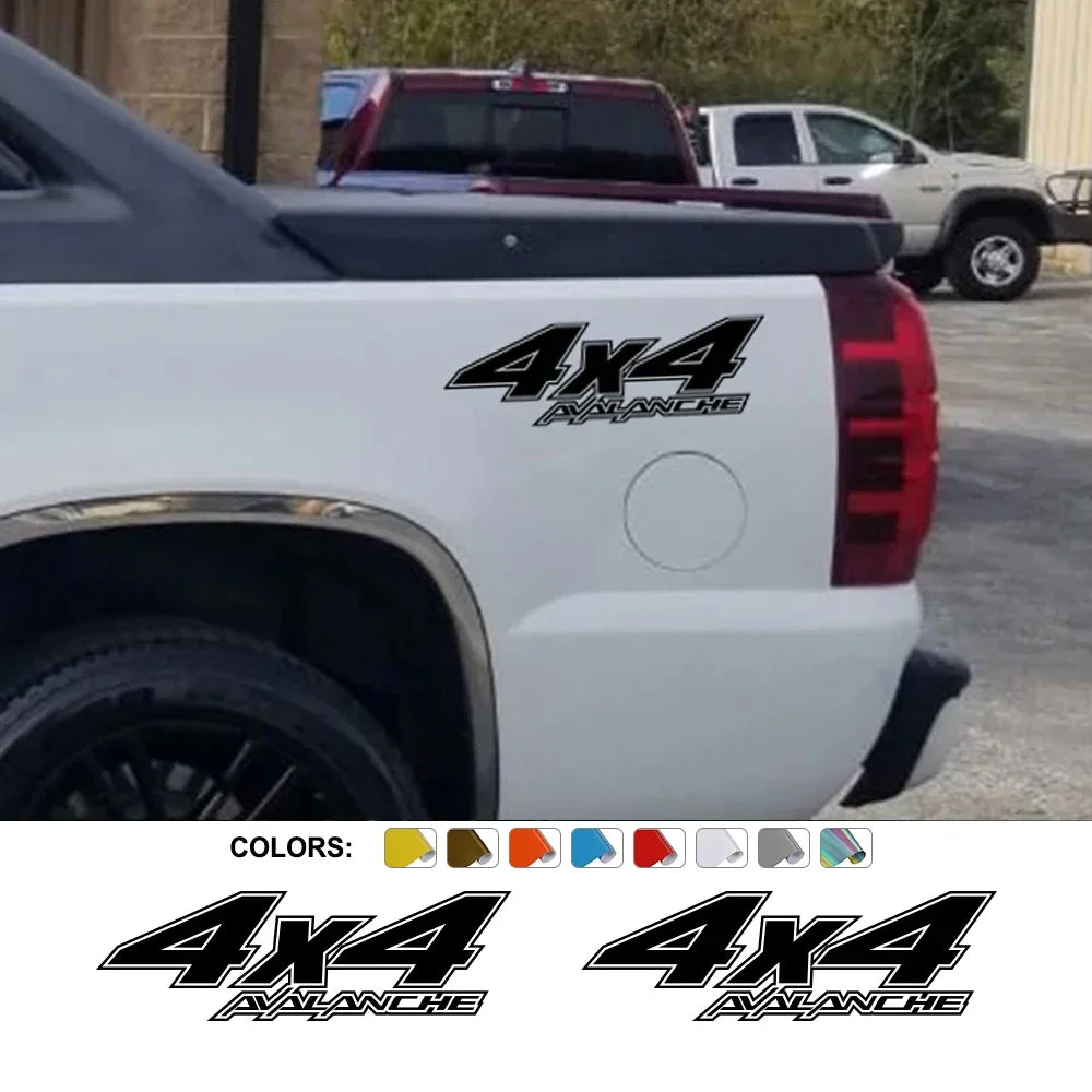 Chevrolet Avalanche 4x4 rear bed side decal, pickup truck vinyl graphic sticker with bold design from Quality Prints USA