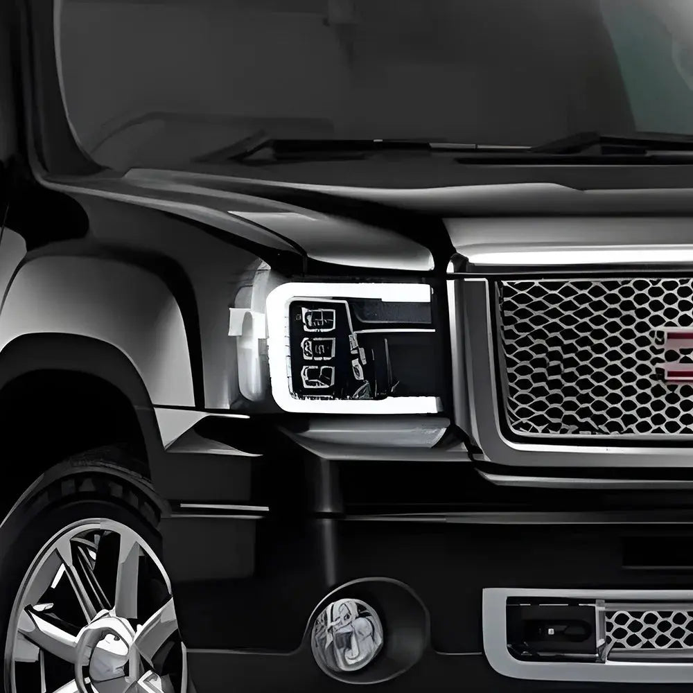 GMC Sierra 2007-2013 LED headlight assembly with dynamic triple lens, high-quality upgrade for front lighting.
