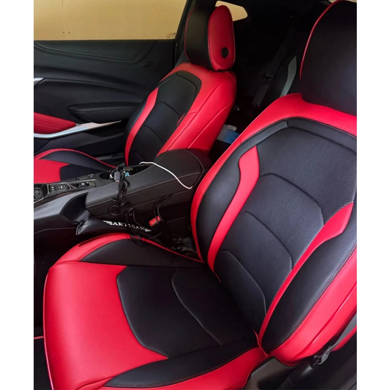 Set of custom-fit Chevrolet Camaro car seat covers in premium artificial leather, designed for 2016-2024 models.
