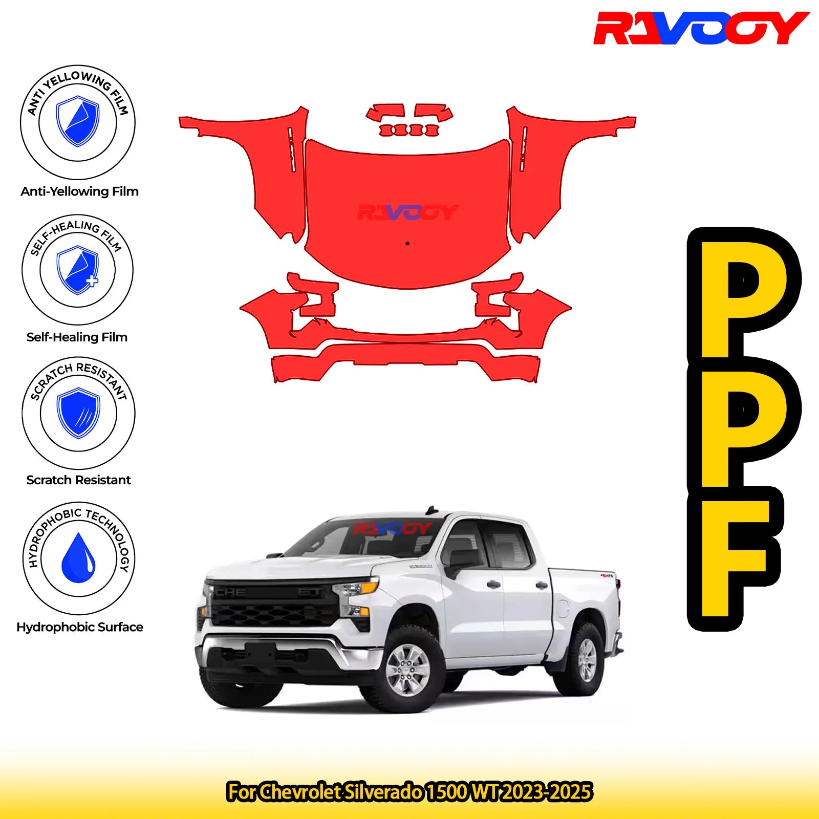 Chevrolet Silverado 1500 WT 2023-2026 gloss and matte black pre-cut paint protection film front PPF kit, clear bra TPU