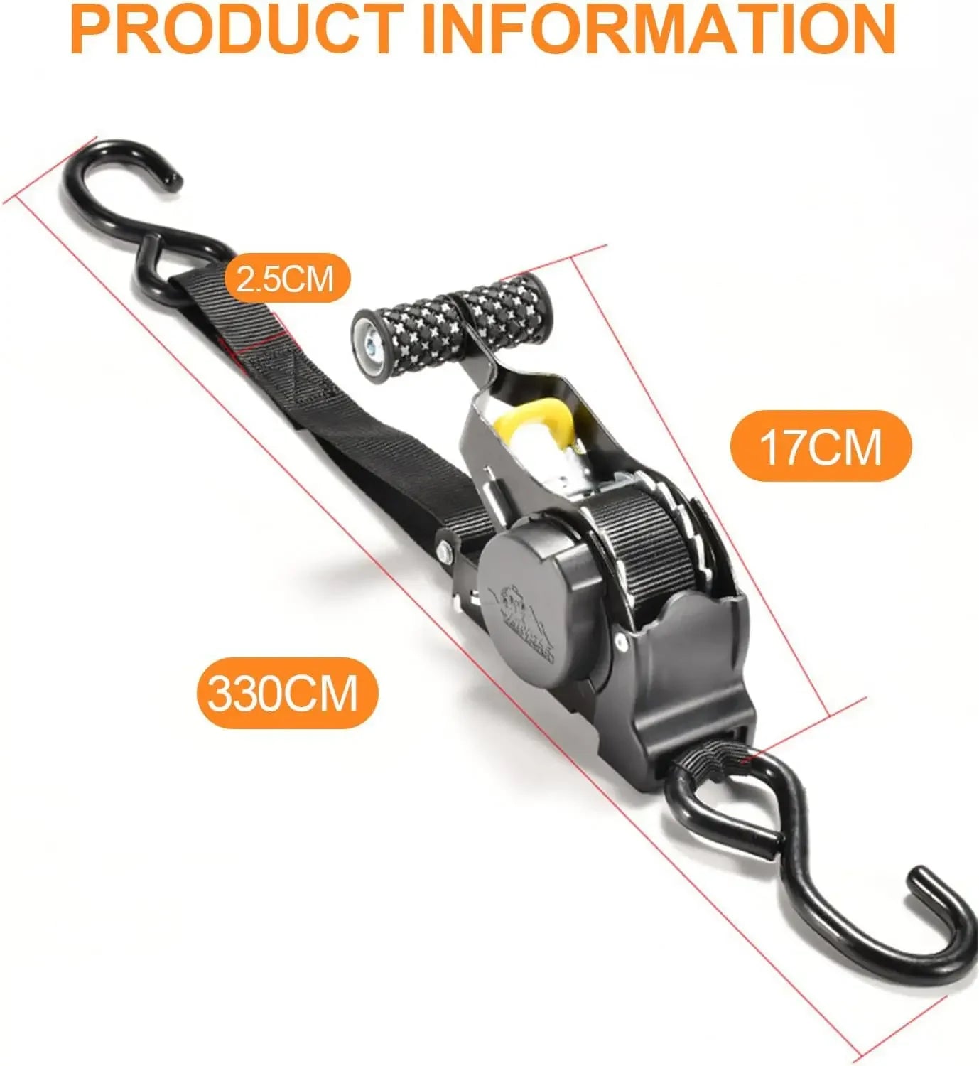 Heavy-duty Gm Service Guy auto retractable ratchet strap with S hook for cargo, truck, motorcycle, and luggage tie-downs.