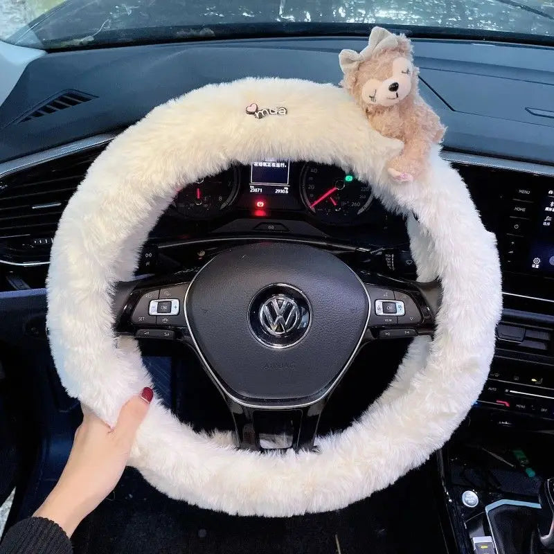 Cute Cartoon Fur Steering Wheel Cover Winter Warm Car Handle Cover for Women FanzyMarket