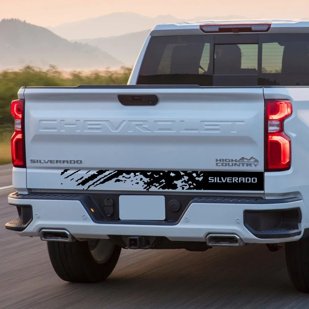 Chevrolet Silverado truck back door and tailgate vinyl decal with splash style design by Quality Prints USA.