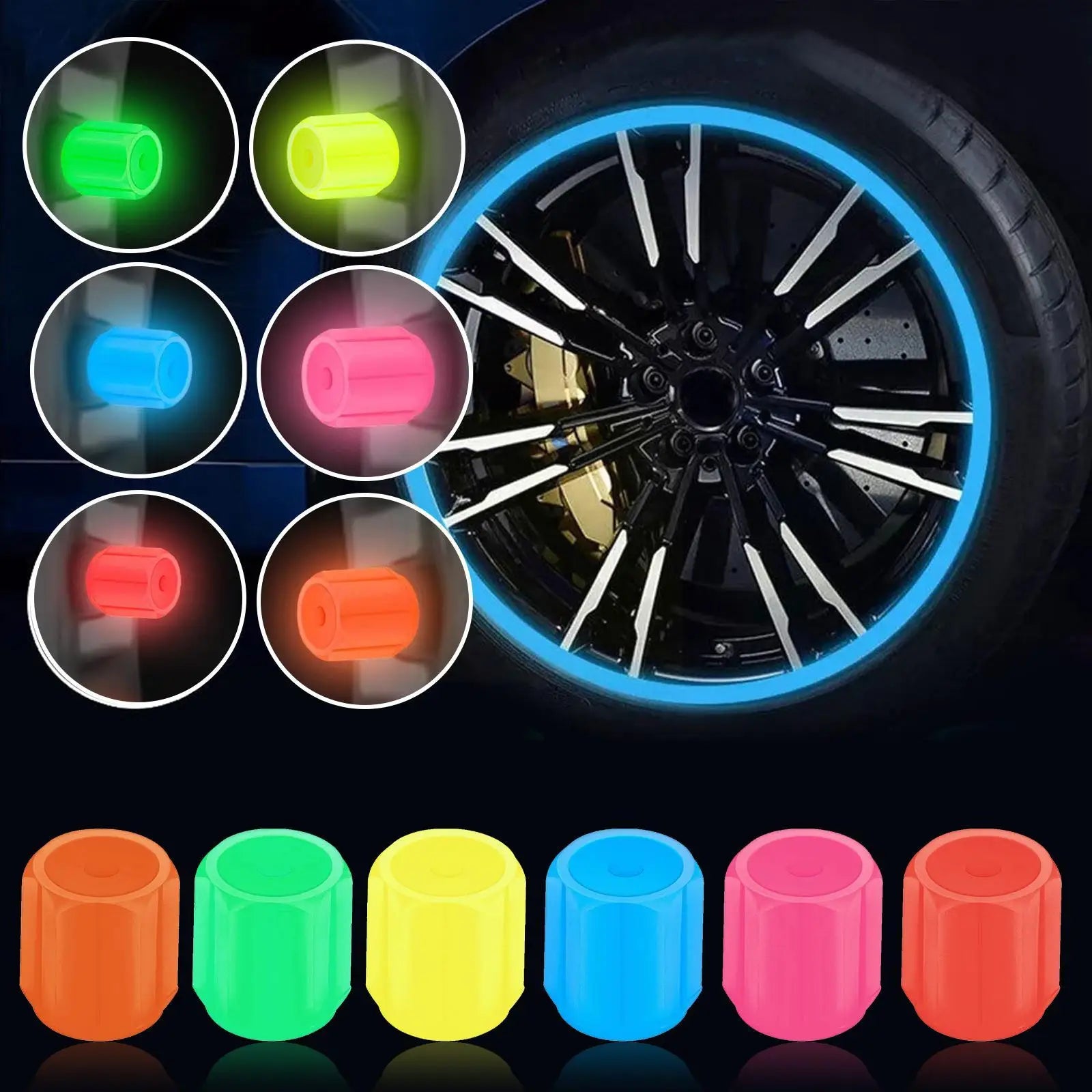 4-Pack Luminous Tire Valve Stem Caps 16×12×12mm (0.63×0.47×0.47 in) Glow-in-the-Dark Rhinestone Wheel Caps for Car Motorcycle Bike FanzyMarket
