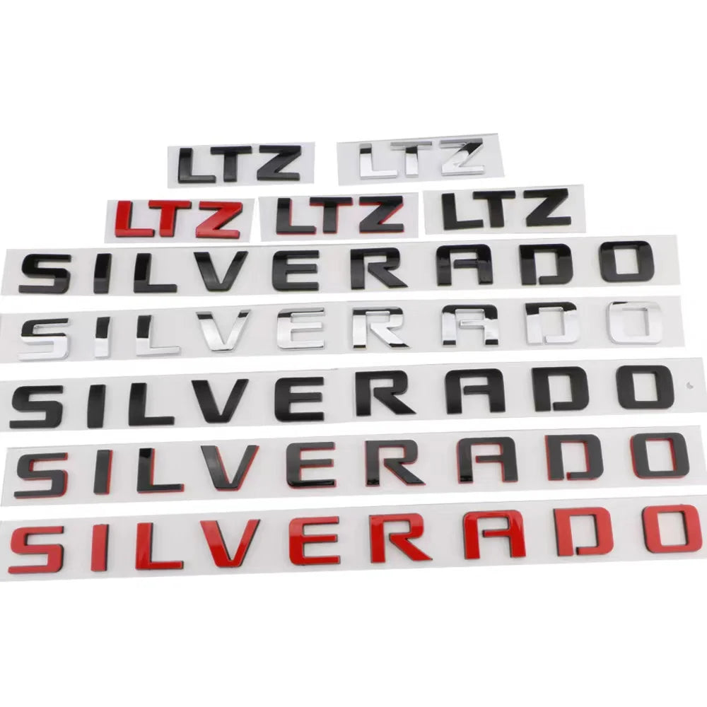 Silverado LTZ ABS letters emblem with Chevrolet badge, silver truck fender badge logo sticker for car styling.
