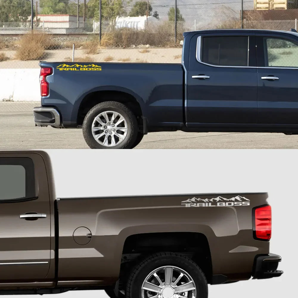 Chevrolet Silverado 1500 Trail Boss mountain body side decal, 2-piece vinyl trunk sticker by Quality Prints USA on vehicle side