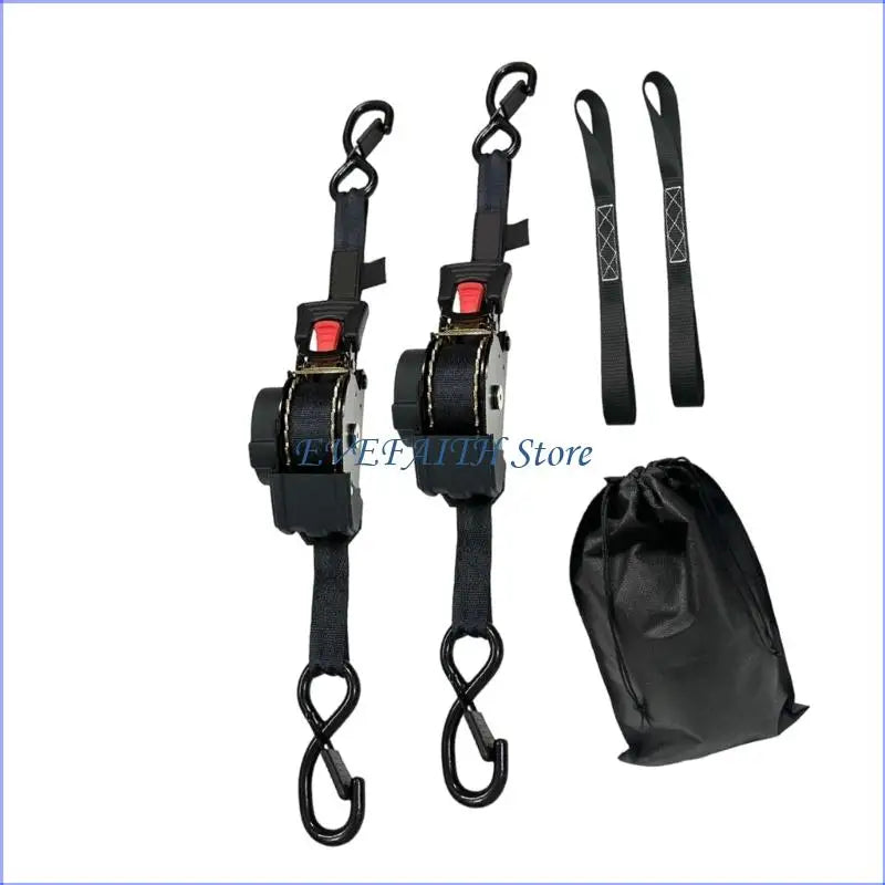 Gm Service Guy 124B retractable ratchet straps for motorcycle off-road lashing, showing secure strap mechanism and handle in use.