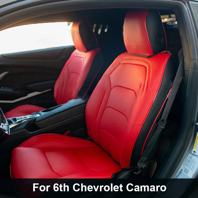 Custom fit Chevrolet Camaro 2016-2024 seat covers in premium artificial leather, full set with detailed stitching and car interior fit