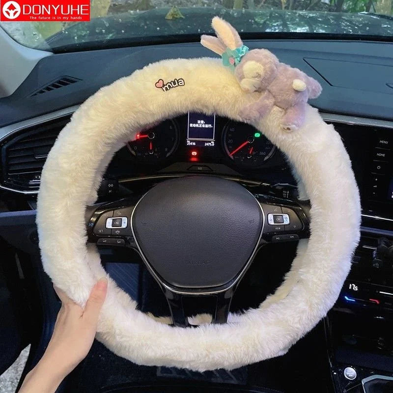 Cute Cartoon Fur Steering Wheel Cover Winter Warm Car Handle Cover for Women FanzyMarket