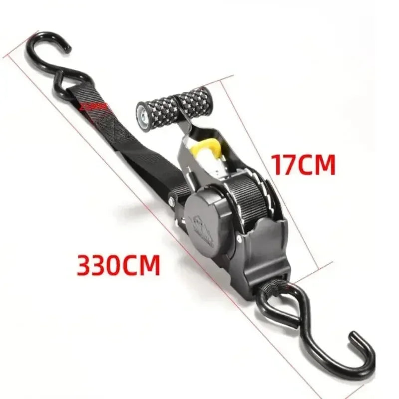 Heavy-duty Gm Service Guy auto retractable ratchet strap with S hook for secure cargo lashing on trucks, motorcycles, and luggage.