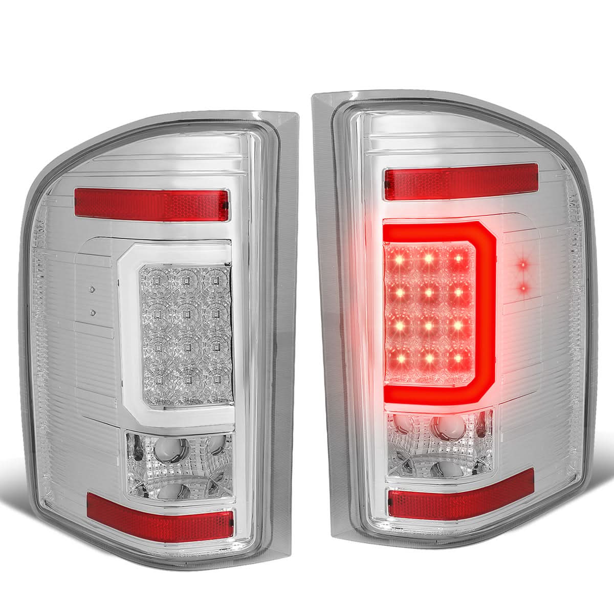 Chevrolet Silverado and GMC Sierra TRON Style LED tail lights by K2 Industries, featuring sleek 3D design and vibrant red illumination.