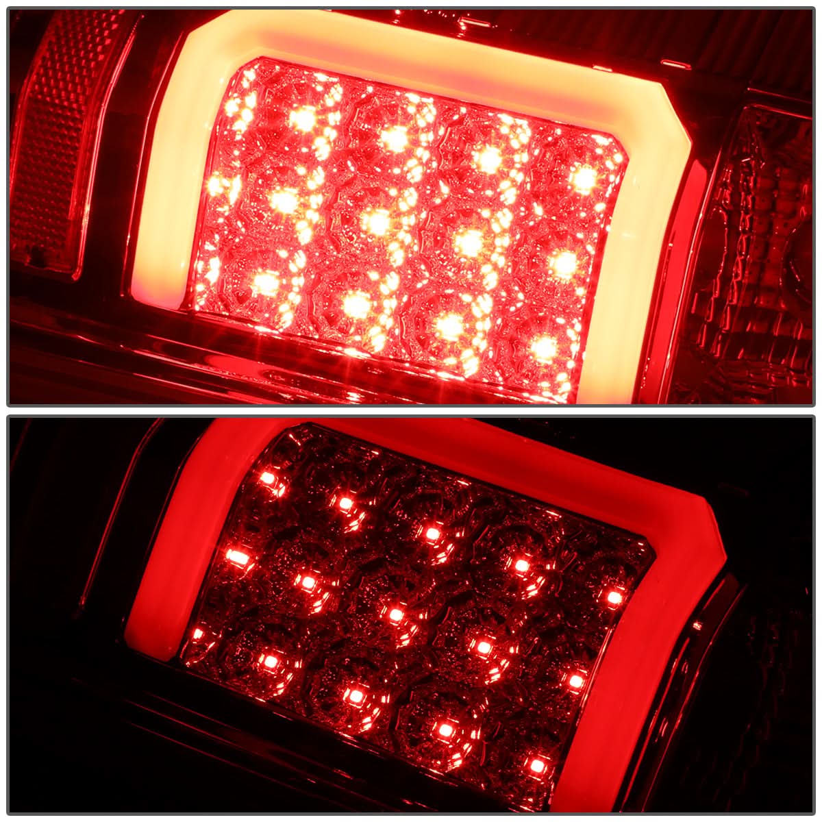 Chevrolet Silverado and GMC Sierra TRON Style LED tail lights by K2 Industries, showcasing sleek red and clear lens design.