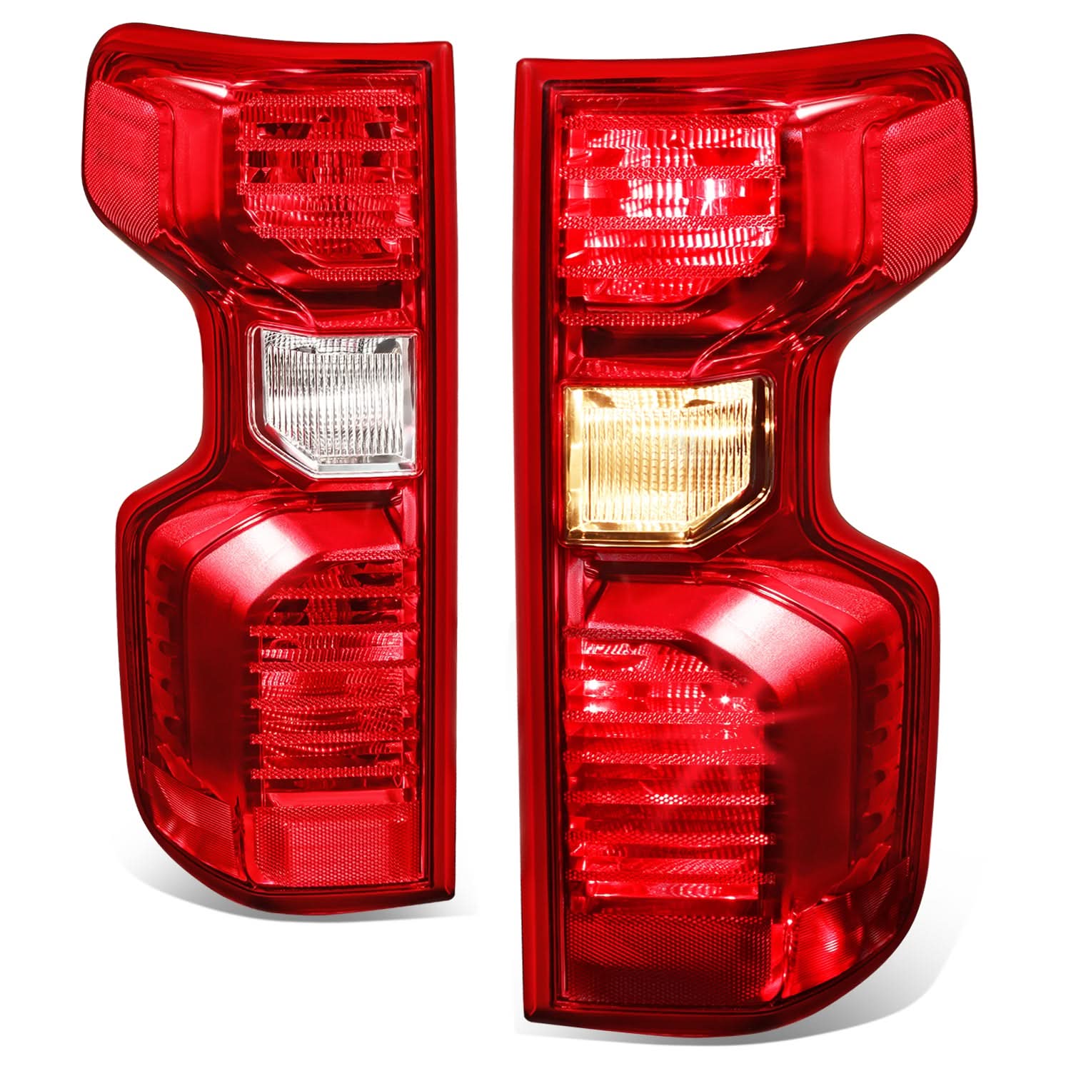 Red Chevrolet Silverado 1500 LED tail lights by K2 Industries, showing the illuminated tail light assembly on a 2019-2024 truck.