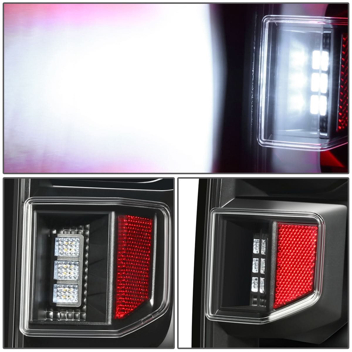 Chevrolet Silverado 1500 LED tail lights with clear lenses, manufactured by K2 Industries, showing rear view with illuminated LEDs.