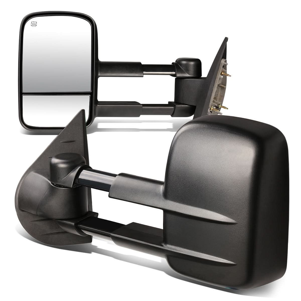 K2 Industries powered heated towing mirrors for 2007-2012 Chevrolet Silverado and GMC Sierra, featuring extended and adjustable glass.