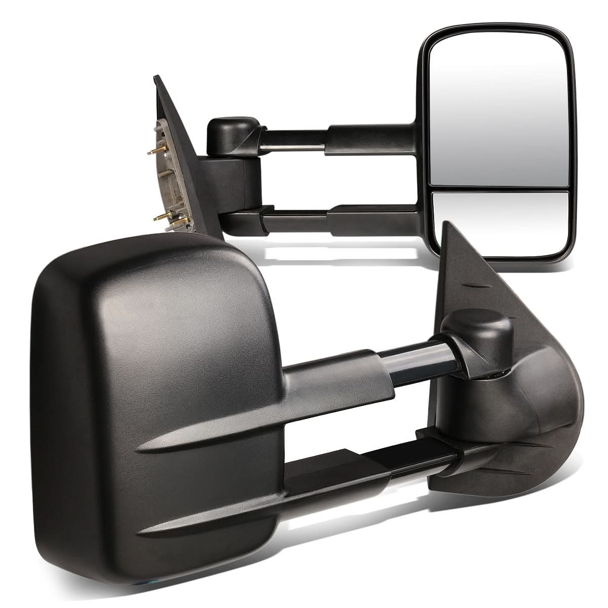 Pair of black manual towing mirrors for 2007-2012 Chevrolet Silverado by K2 Industries, designed for enhanced towing visibility.