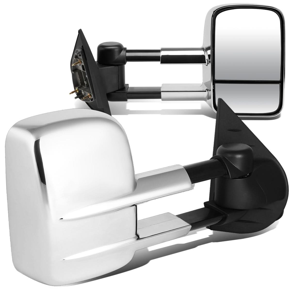 Pair of manual chrome towing mirrors for 2007-2012 Chevrolet Silverado by K2 Industries, showing side view with reflective surfaces