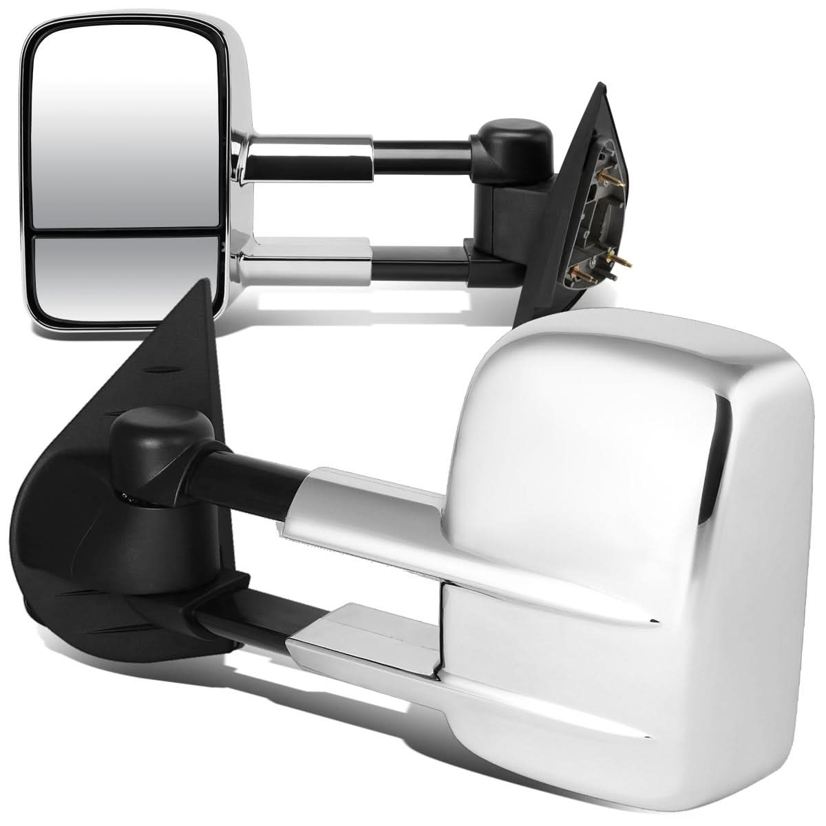 Pair of manual chrome towing mirrors for 2007-2012 Chevrolet Silverado trucks by K2 Industries, showing the mirrors extended on the vehicle.