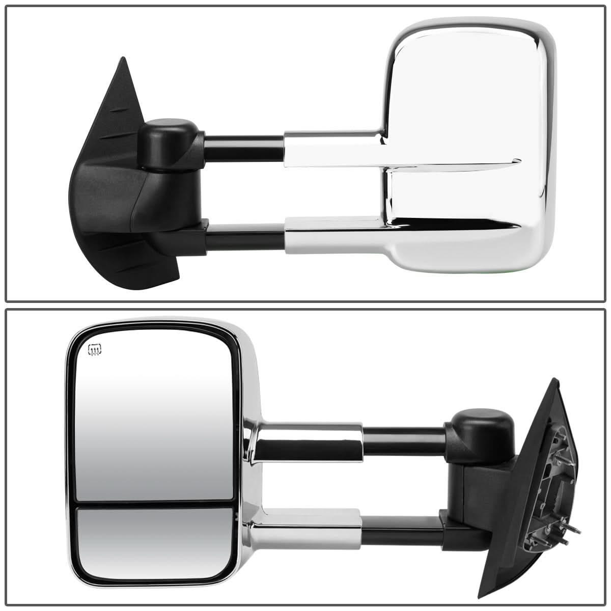 Pair of manual chrome towing mirrors for 2007-2012 Chevrolet Silverado by K2 Industries, designed for enhanced towing visibility.