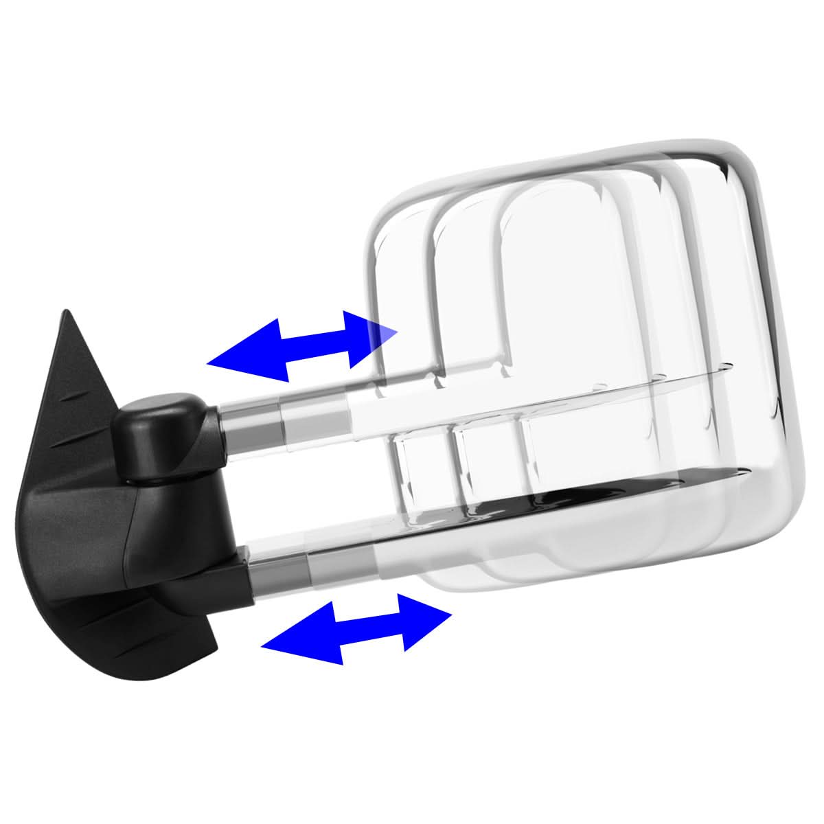 Pair of manual chrome towing mirrors for 2007-2012 Chevrolet Silverado, accessories by K2 Industries, showing mirror and mounting details