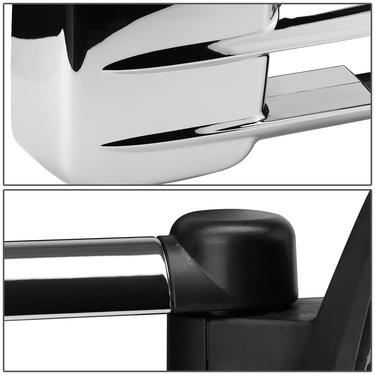 Pair of manual chrome towing mirrors for 2007-2012 Chevrolet Silverado, K2 Industries accessories, showing mirror and mounting details.