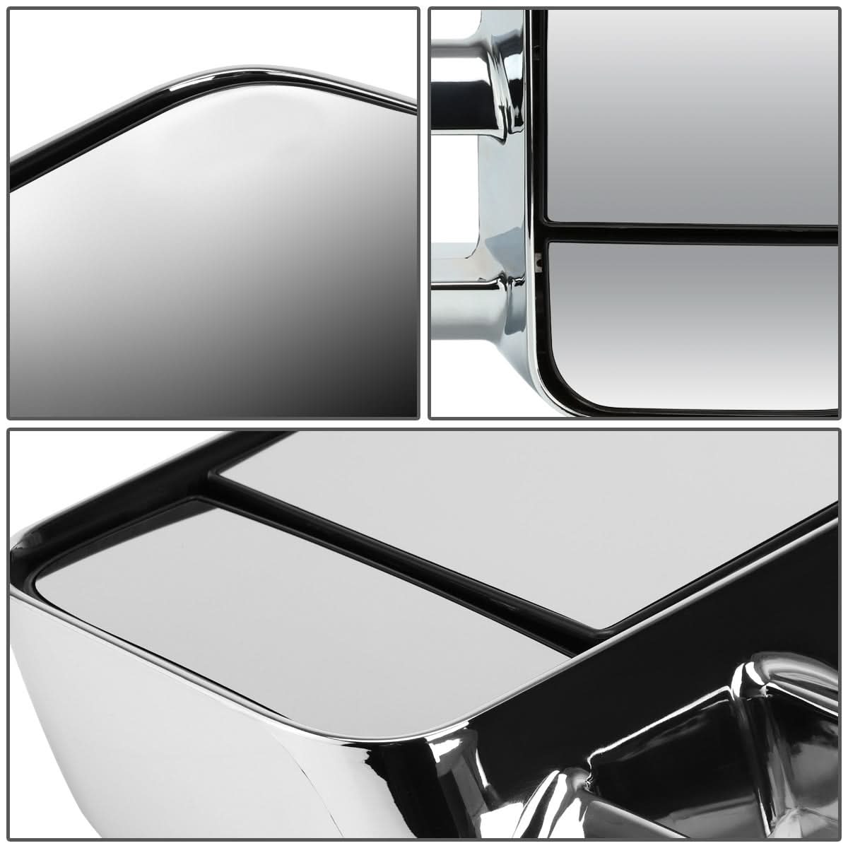Pair of manual chrome towing mirrors for 2007-2012 Chevrolet Silverado, accessories by K2 Industries showing close-up of mirror surfaces.