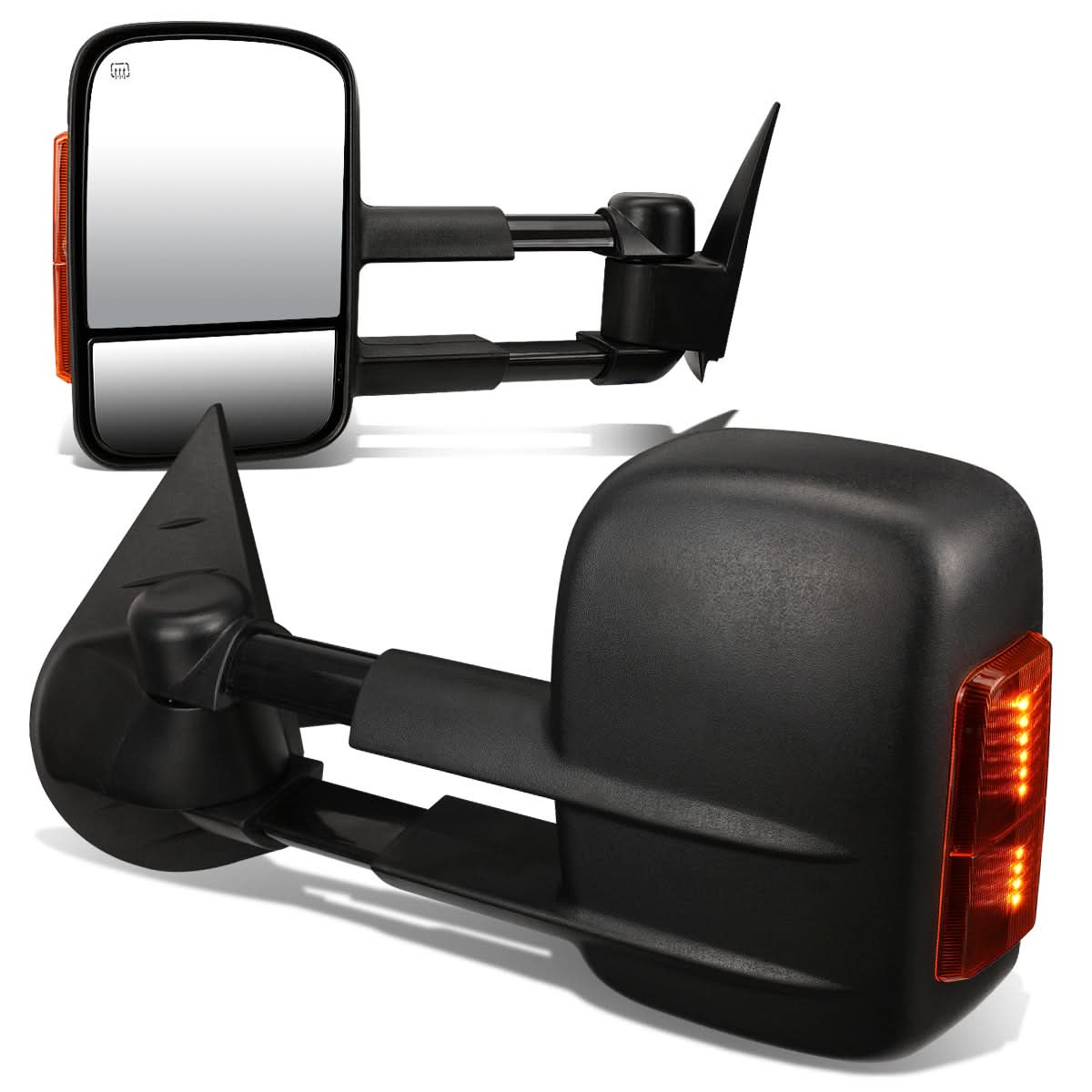 K2 Industries heated towing mirrors for 2007-2012 Chevrolet Silverado and GMC Sierra, featuring powered adjustment and black finish.