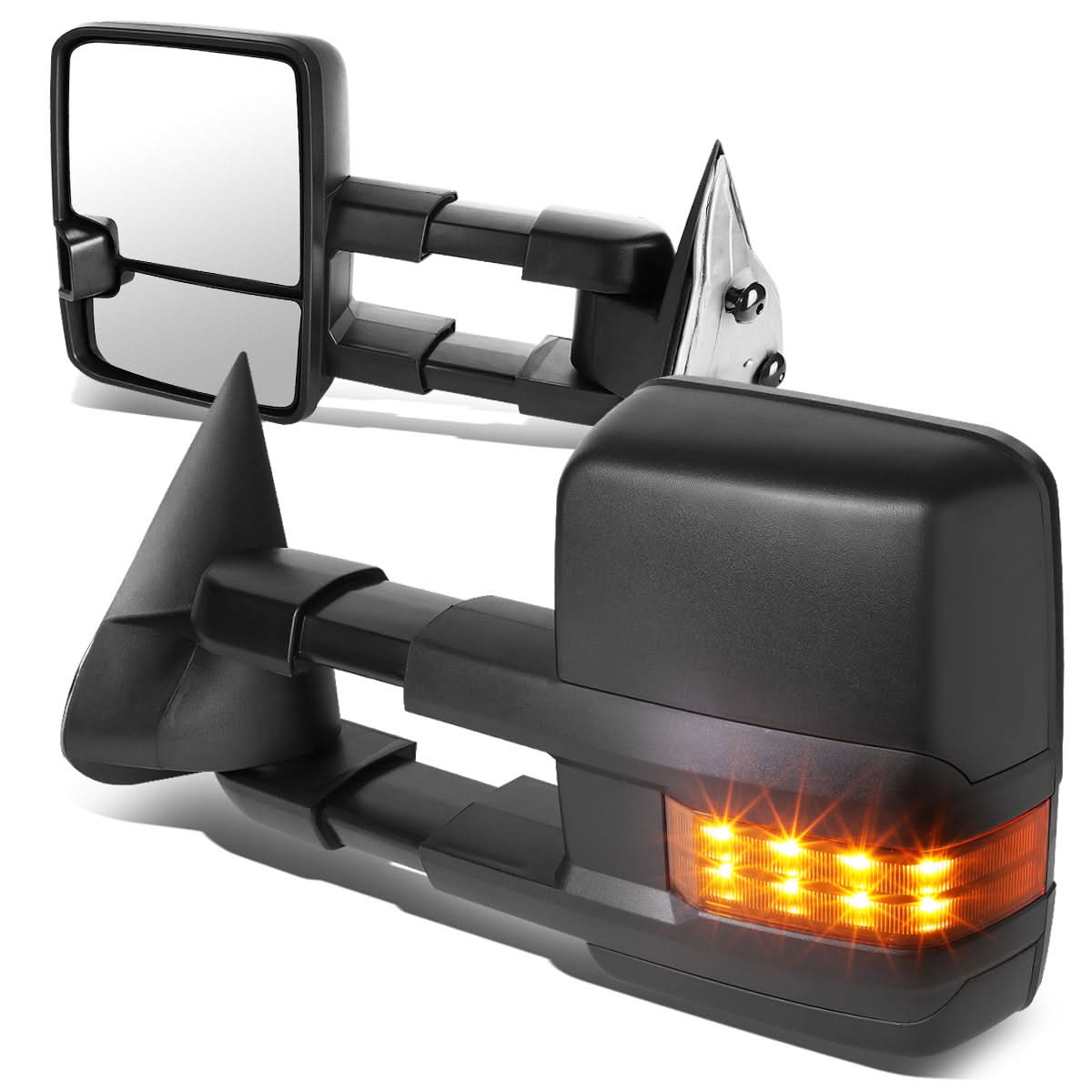 Pair of black manual towing mirrors for Chevrolet Silverado, Sierra, Tahoe, and Suburban by K2 Industries, showing mirror and mounting details.