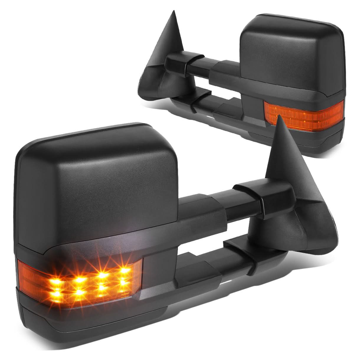 Pair of K2 Industries manual towing mirrors for Chevrolet Silverado, Sierra, Tahoe, and Suburban trucks, black finish, vehicle accessories.