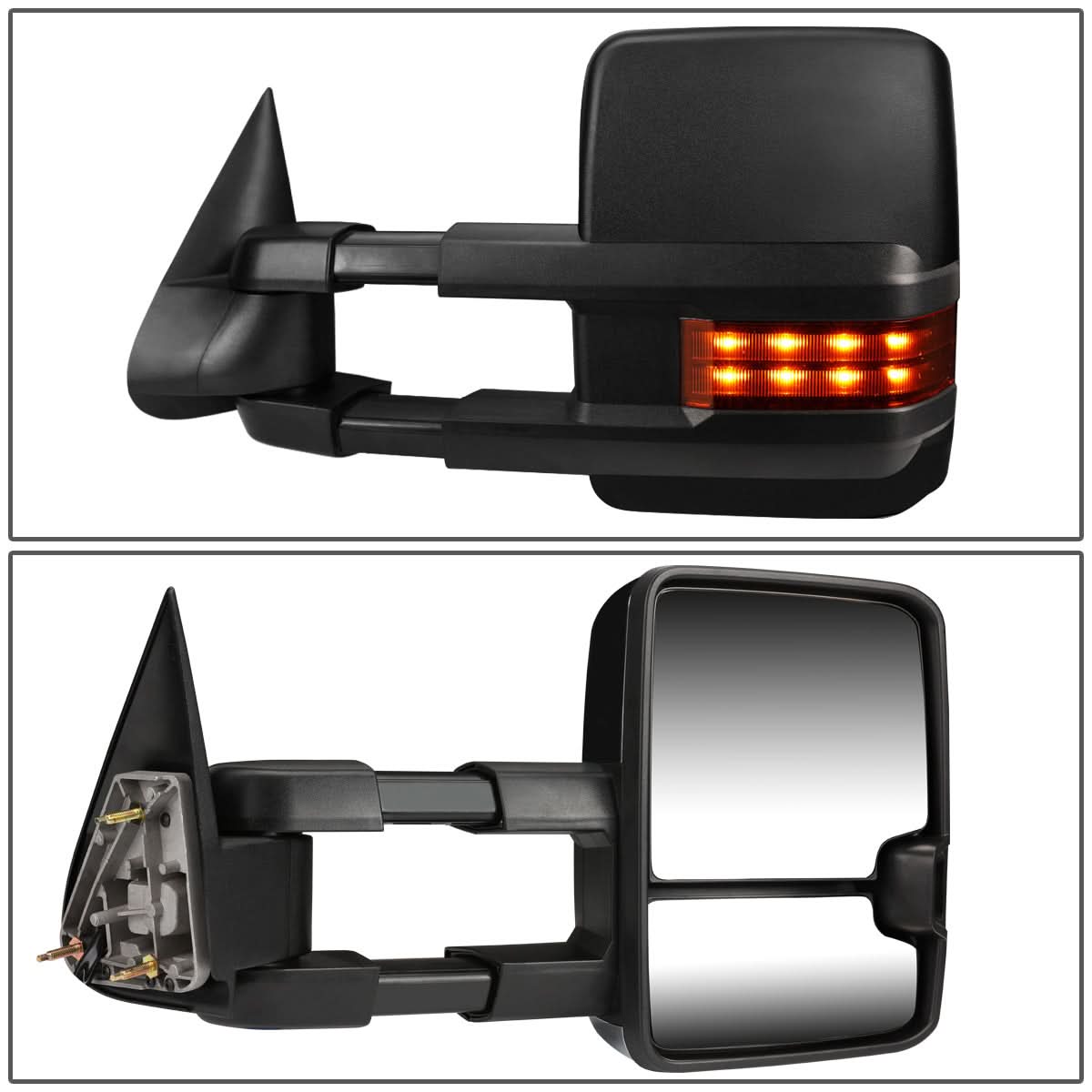 Pair of K2 Industries manual towing mirrors for 2003-2007 Chevrolet Silverado, Sierra, Tahoe, and Suburban trucks, black finish.