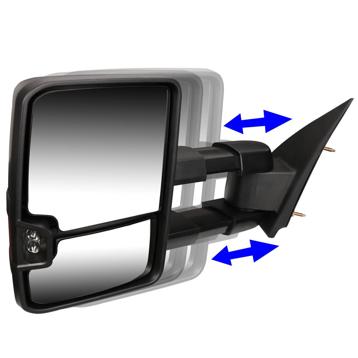 Pair of black manual towing mirrors for Chevrolet Silverado, Sierra, Tahoe, and Suburban by K2 Industries, showing mirror glass and mounting brackets.