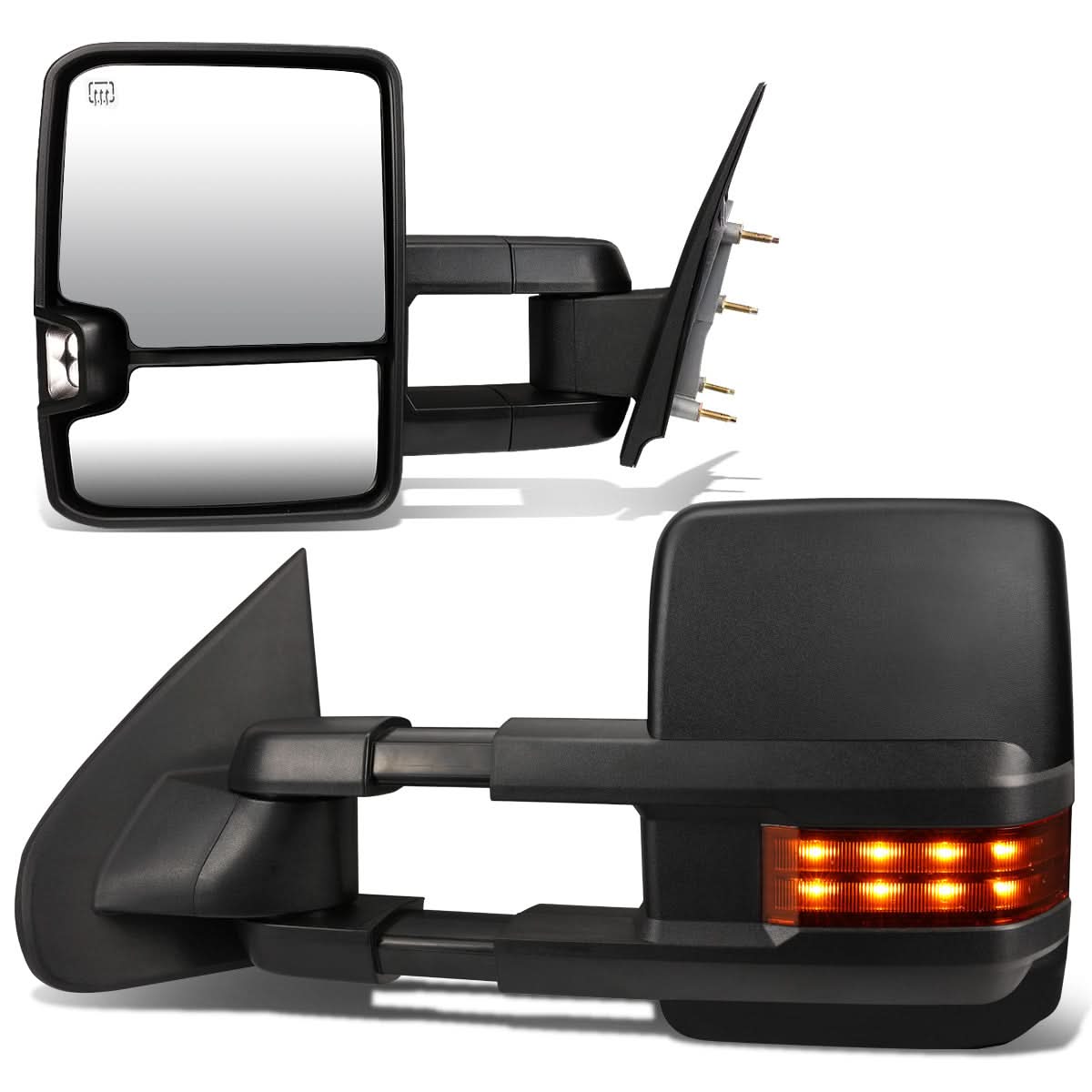 K2 Industries 14-17 Chevrolet Silverado GMC Sierra towing mirrors with powered, heated LED lights, black finish, and adjustable features.