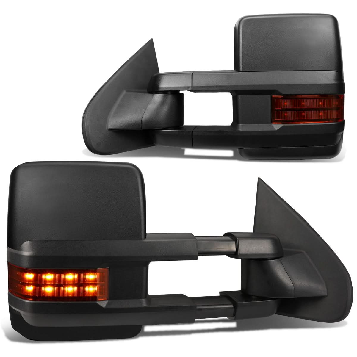 K2 Industries towing mirrors for 2014-2017 Chevrolet Silverado and GMC Sierra, powered heated LED features on black mirror housings.